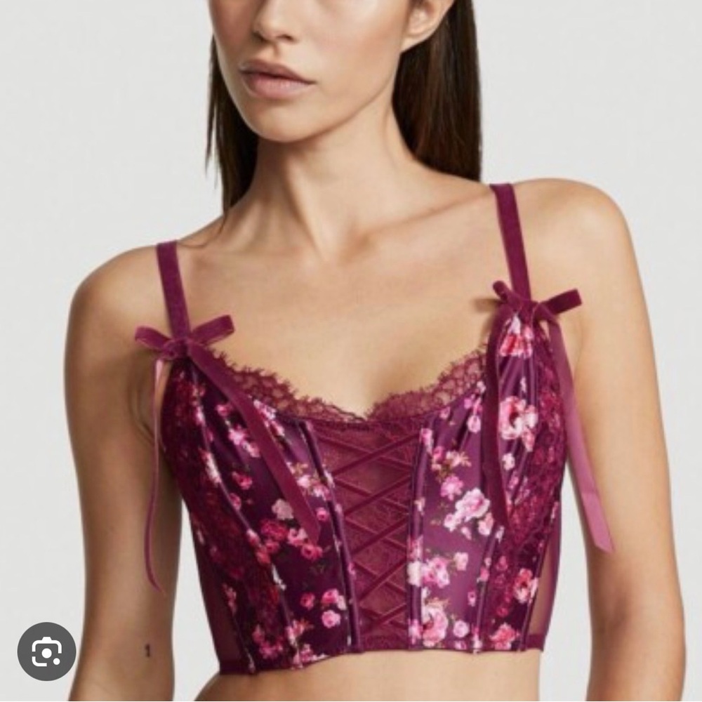 Victorias Secret Dream Angels Lace-Up Corset Top Bra Floral Maroon Medium NWT